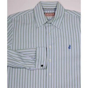 Thomas Pink Blue w/ Green/White Stripes Cotton Logo Button-Up Dress Shirt~ M